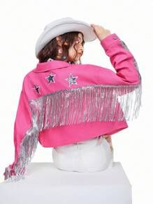 SHEINNeu Spring Festival Outfits Women's Star Badge & Sequin Decor Fringed Pink Denim Jacket | SHEIN