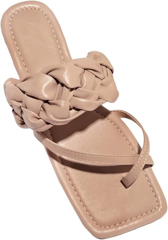 Jeimpoey Womens Square Toe Sandals Braided Flip-flops Toe Ring Flat Sandals Slip-on Slides Sandals | Amazon (US)