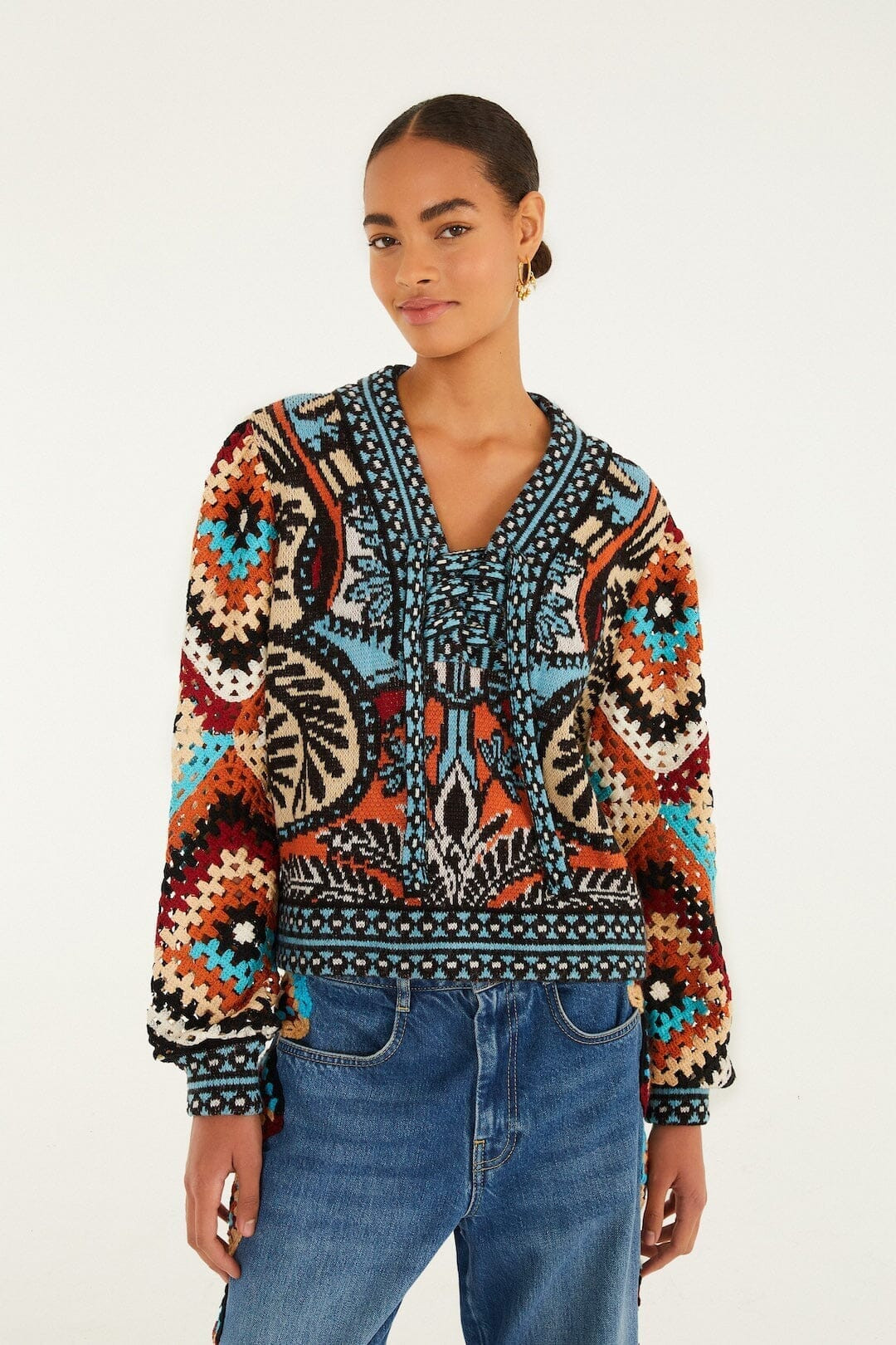 Multicolor Balamana Crochet Sleeve Knit Sweater | FarmRio (US)