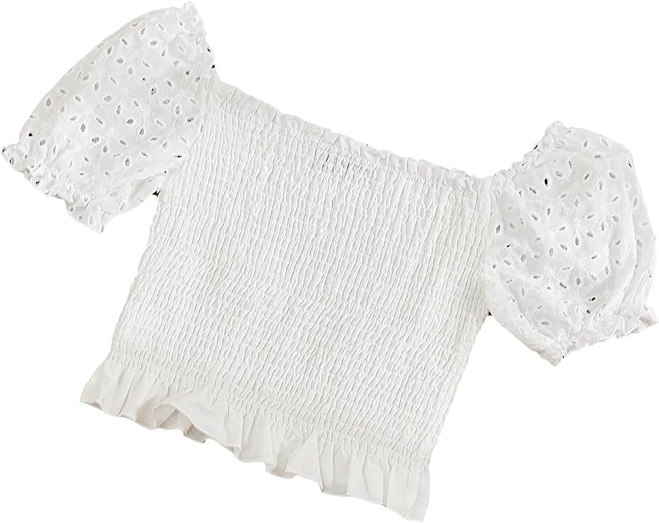 Floerns Women's Eyelet Embroidery Square Neck Puff Sleeve Shirred Crop Tops | Amazon (US)