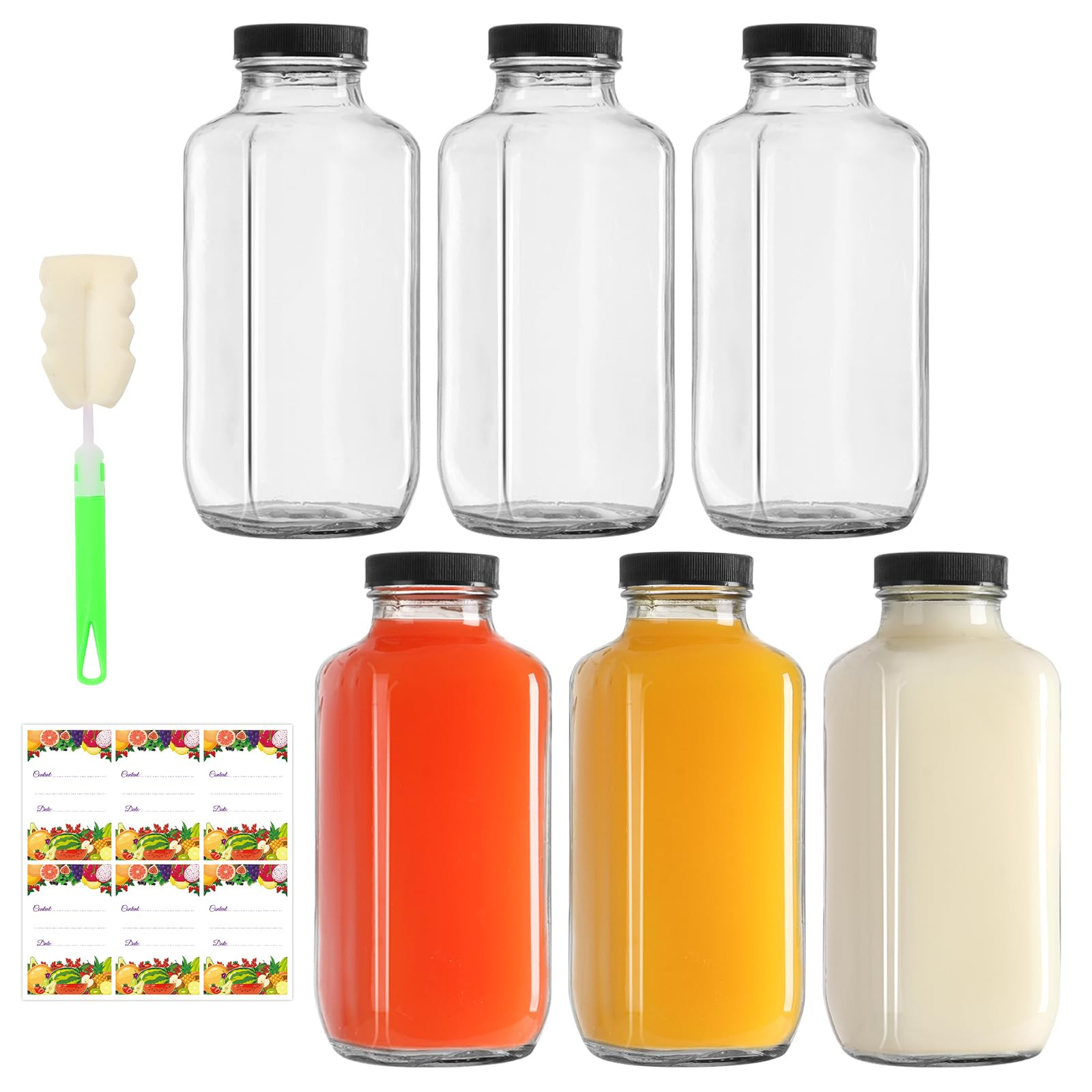 EkkoVla 6 Pack 500ml Glass Juice Bottles with Lids, 16 oz Reusable Beverages Drinking Jars, Juici... | Amazon (UK)