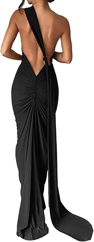 Fronage Women's Sexy Open Back Maxi Dress Bodycon One Shoulder Sleeveless Ruched Backless Cocktai... | Amazon (US)