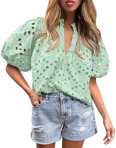 PRETTYGARDEN Women's Summer Tops 2026 Dressy Casual Short Sleeve V Neck Buttons Hollow Eyelet Lac... | Amazon (US)