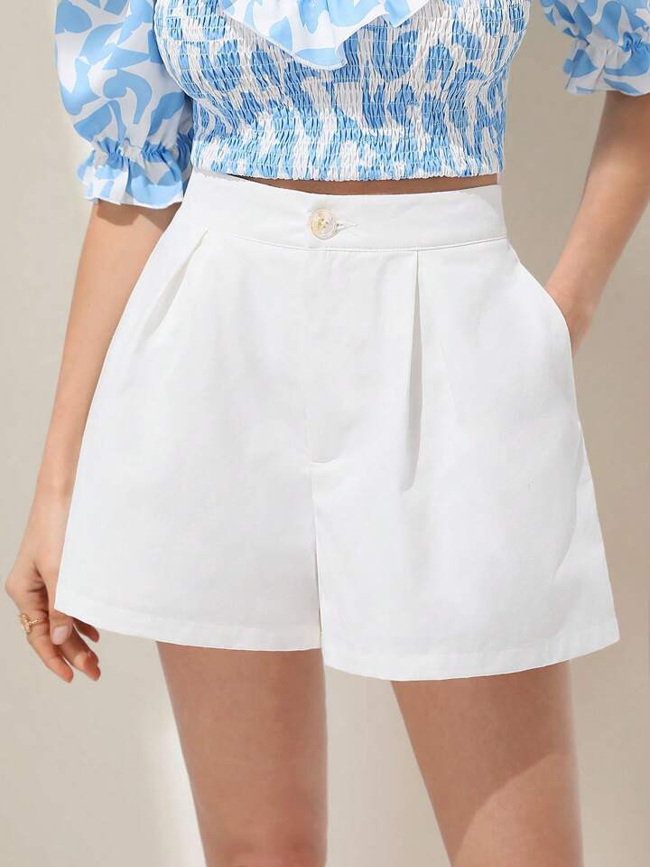 SHEIN Frenchy Shorts de pierna ancha unicolor con bolsillo oblicuo | SHEIN