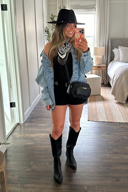 Country concert or Music Festival outfit from @Walmartfashion! I LOVE this denim shacket! Such a good quality, thick denim! Super cute & oversized too! All these accessories pair so perfect with it too & they’re also from Walmart! #WalmartPartner #Walmartfashion @walmart

Wearing size medium in shacket & size 7 in shorts. If between sizes in shorts, size up 

Black cowboy boots, rhinestone bandana, cowboy hat