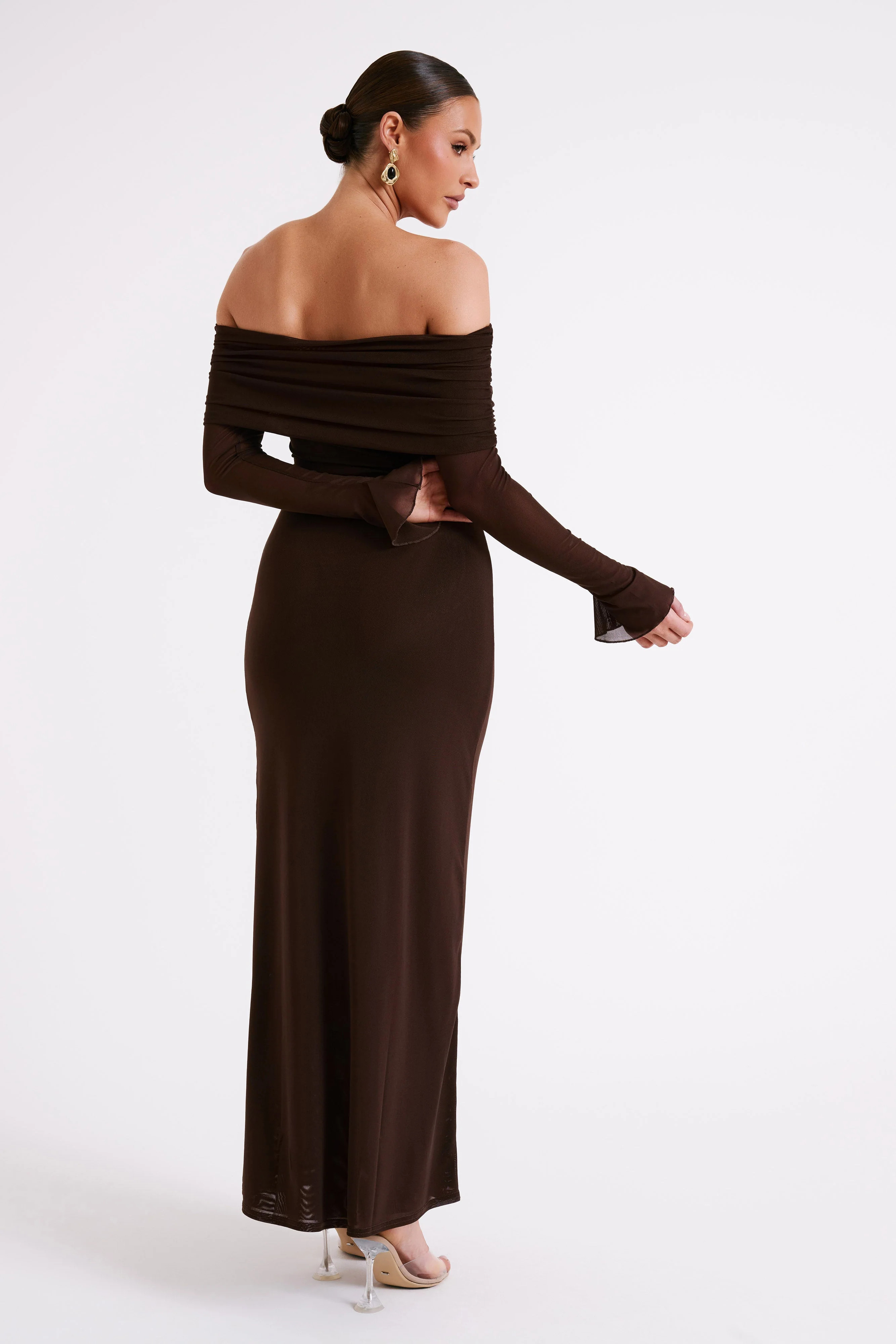 Josie Off Shoulder Mesh Maxi Dress - Dark Brown | MESHKI US