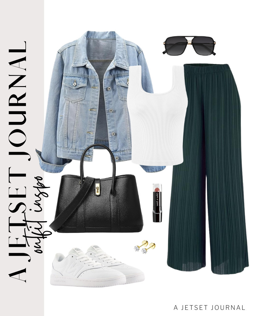 You will love this timeless look. Pair your denim jacket and tank top with green palazzo pants for a casual chic outfit. Complete the look with a DORIS&JACKY leather top-handle satchel purse. 

 #LTKSeasonal #LTKSaleAlert #LTKTravel