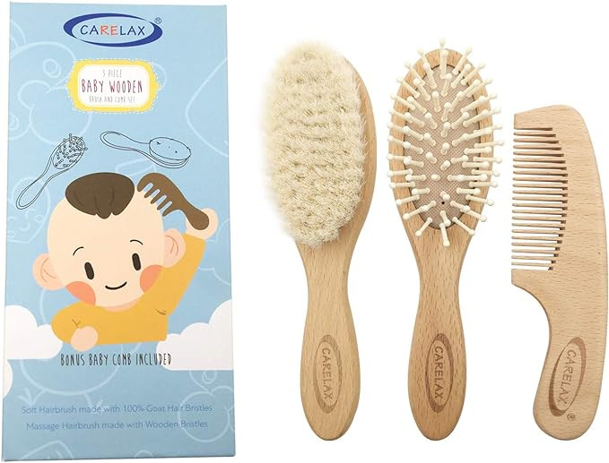 Baby Hair Brush & Comb Set, Organic Wooden Hairbrush Natural Goat Bristles 3-Piece for Newborns &... | Amazon (US)