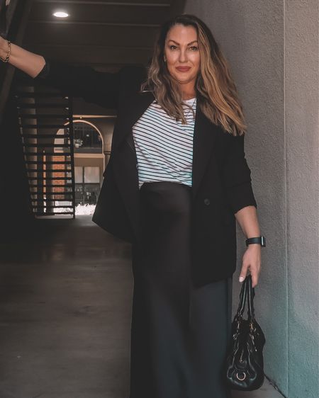 Fall outfit. Casual outfit, silk skirt. Striped tee. Leather bag. 

#LTKstyletip #LTKSeasonal #LTKunder100