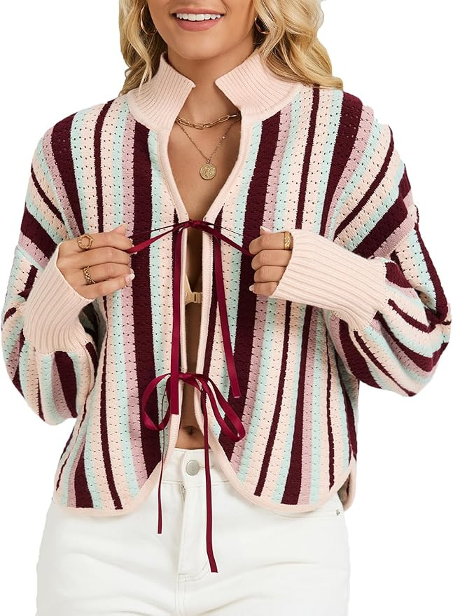 Ladyful Women's Cropped Cardigan Sweater Tie Front Striped Long Sleeve Crochet Tops Fall Trendy K... | Amazon (US)