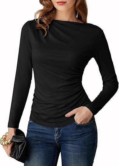 GRACE KARIN 2026 Women's Long Sleeve Wrap Blouse - Boat Neck Ruched Fitted Trendy Top for Fall Dr... | Amazon (US)