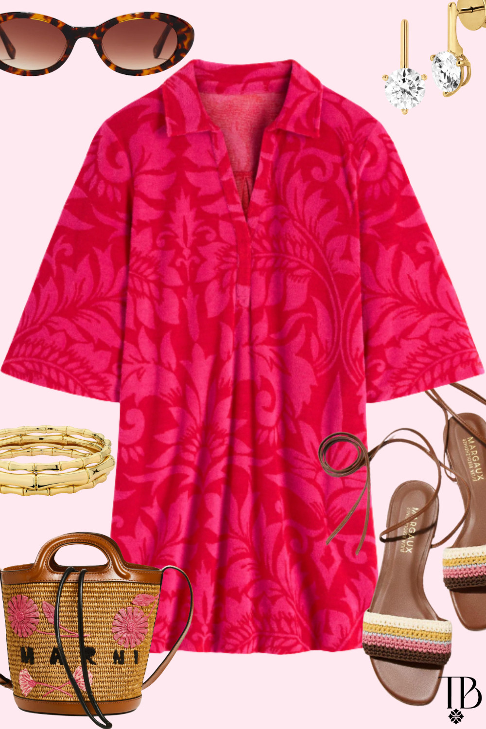 Vacation mode: ON 💗 This bold pink beach cover-up is the statement piece your summer wardrobe needs — styled with woven sandals, gold jewelry, and the cutest raffia bag for pool days, resort dinners, and tropical getaways. ☀️🌴 #LTKTravel #BeachStyle #ResortWear #SummerOutfit 

 