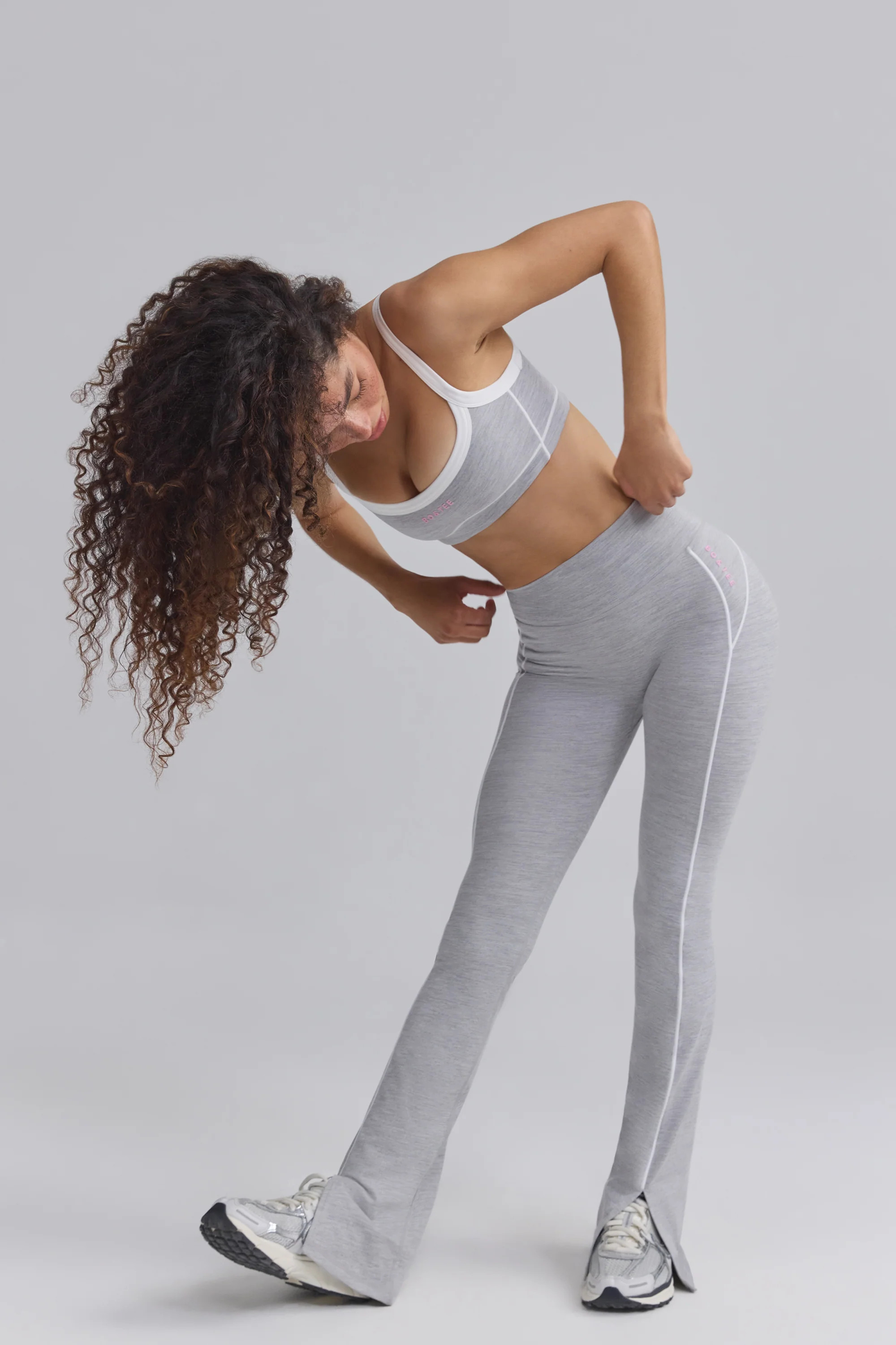 Soft Active Contrast-Trim Flared Trousers in Ice Grey | Oh Polly