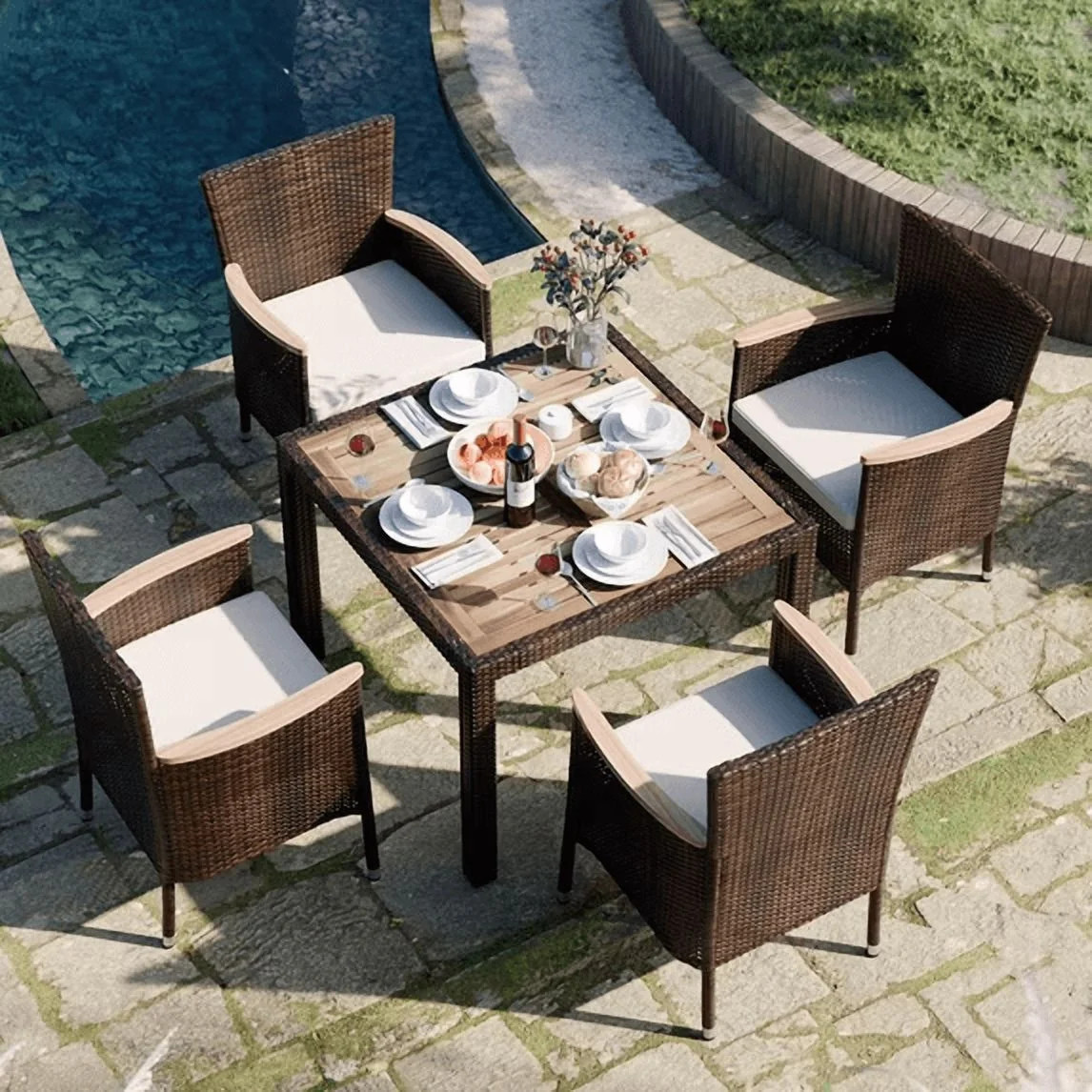 Walsunny 5 Pieces Outdoor Patio Dining Set Wicker Patio Furniture Set with Wood Table and 4 Wood Armrest Chairs with Soft Cushions,Gray | Walmart (US)