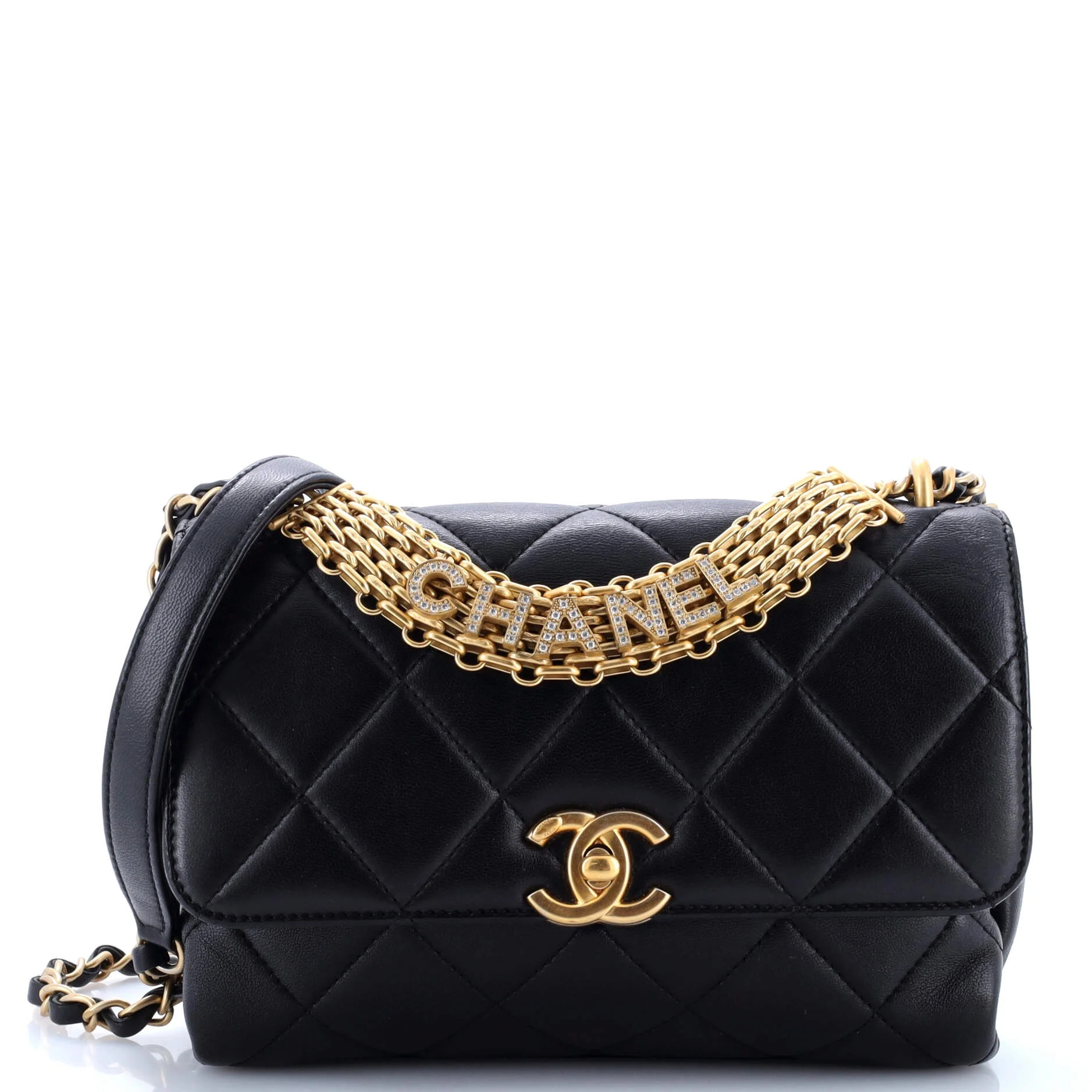 Pre-Owned Crystal Logo Letters Chain Handle Flap Bag Quilted Lambskin Small by Rebag | Walmart (US)