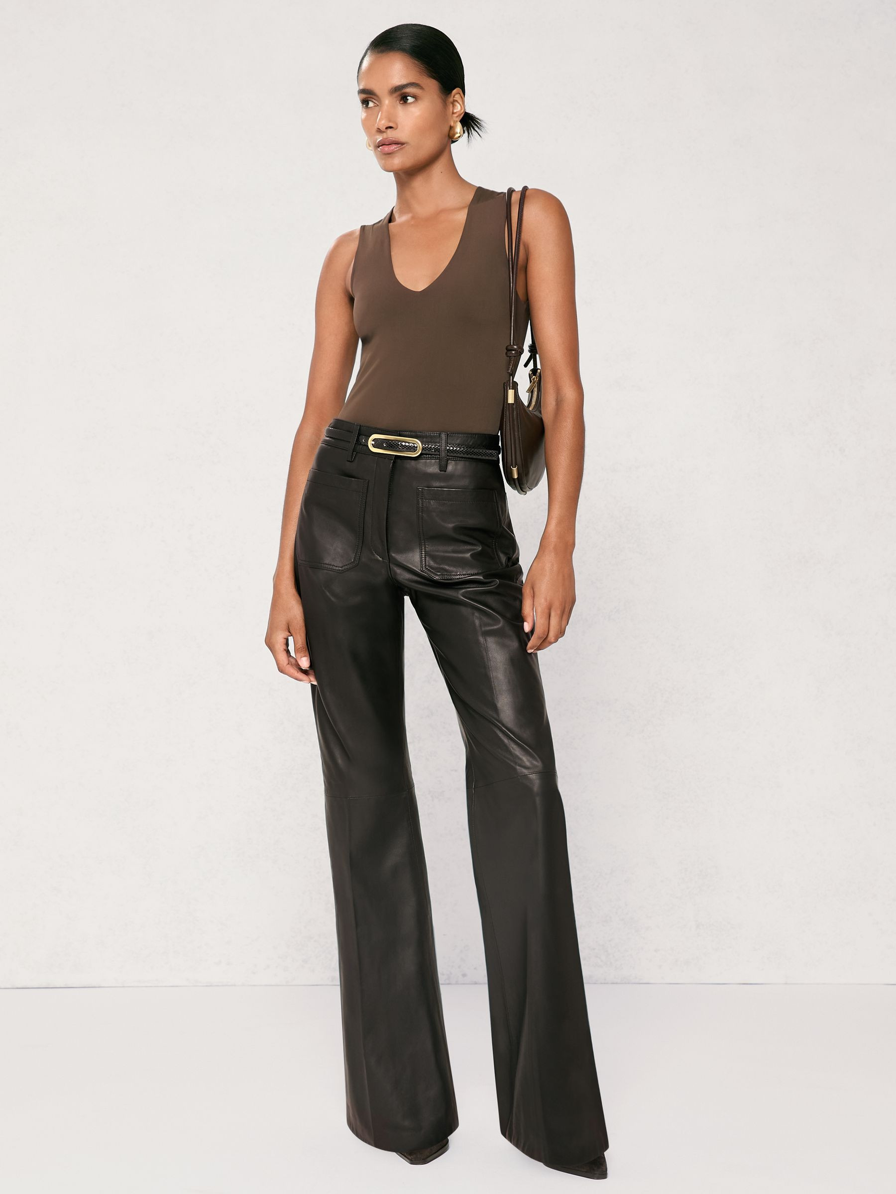 Leather High-Rise Flared Trousers in Black | Reiss UK