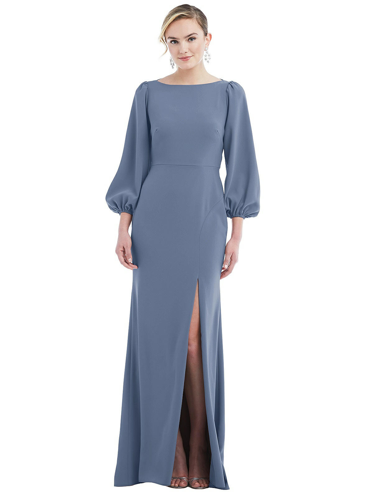 Bishop Sleeve Open-Back Trumpet Gown with Scarf Tie | The Dessy Group