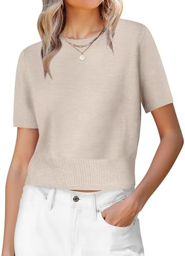 ANRABESS Womens Short Sleeve Sweaters Cropped Crew Neck Business Casual Lightweight Sweater Tops ... | Amazon (US)