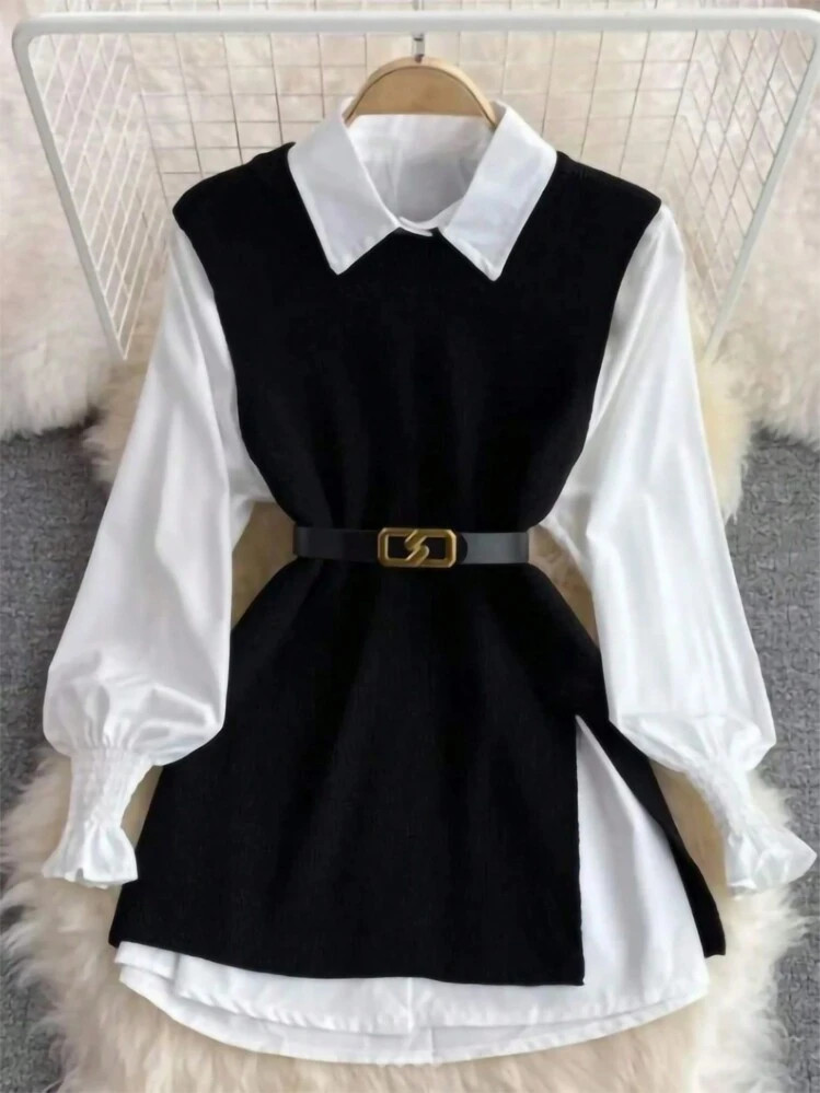 INAWLY Set de 2 piezas blusa de manga farol blanca de primavera y chaleco de punto de corte abier... | SHEIN