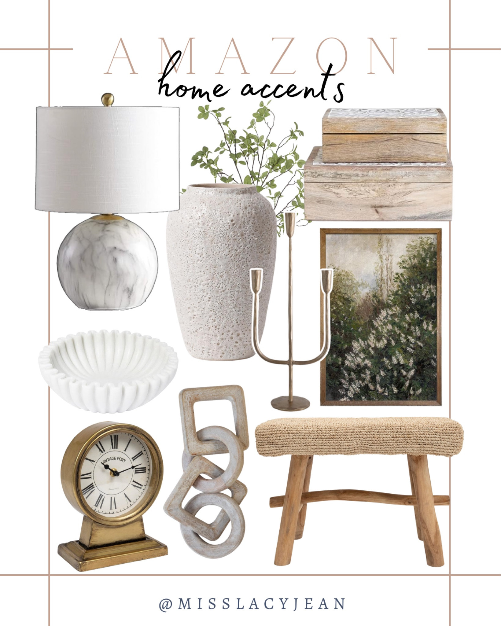 Amazon home finds include wall art, decorative boxes, stool, candelabra, greenery stems, vase, table lamp, decorative bowl, clock, wooden link decor.

Home decor, neutral home decor, home accents, Amazon finds, looks for less

#LTKHome #LTKStyleTip #LTKFindsUnder100