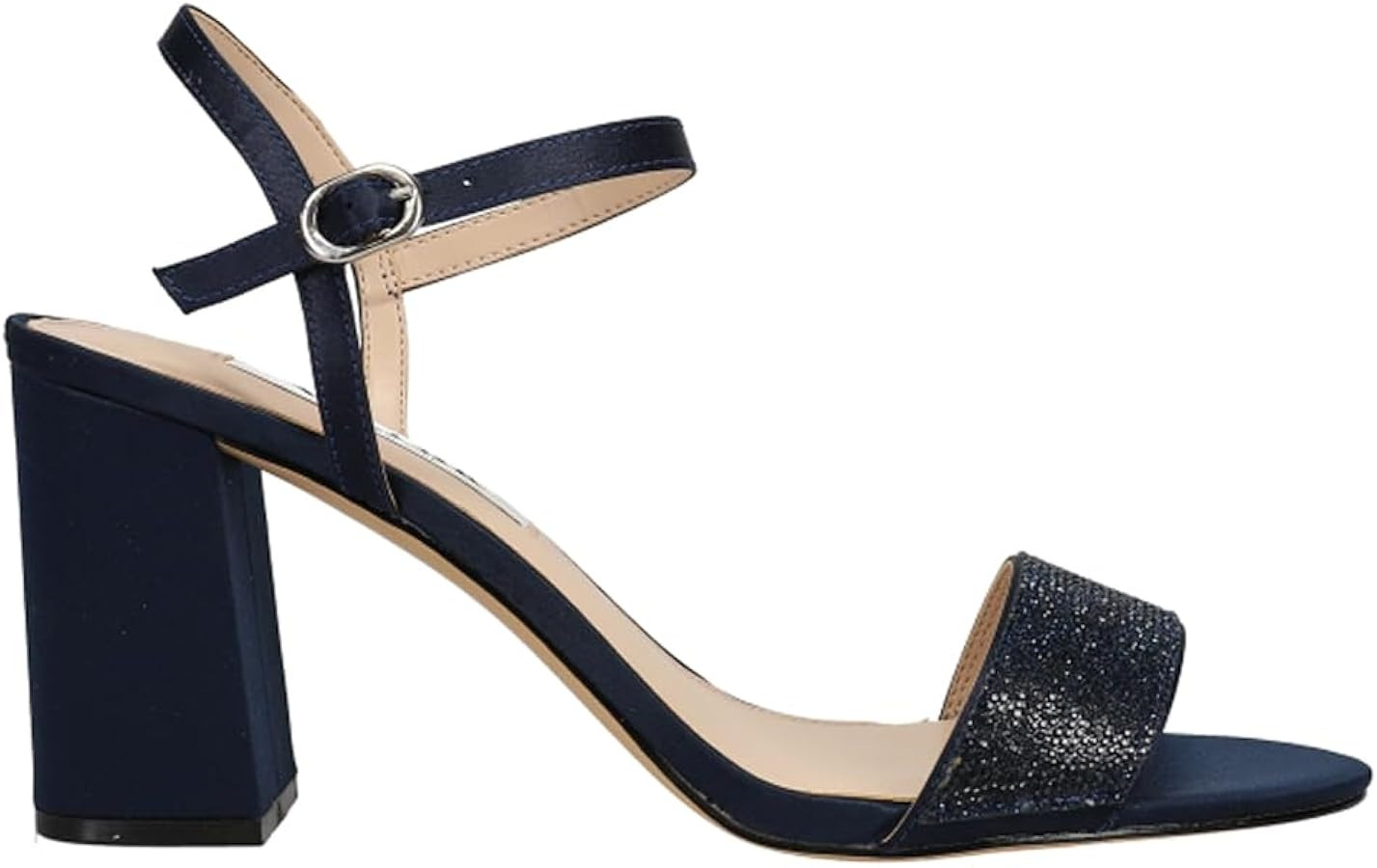 HAVEN-NEW NAVY SATIN CRYSTAL ANKLE STRAP MID BLOCK-HEEL EVENING SANDAL | Amazon (US)