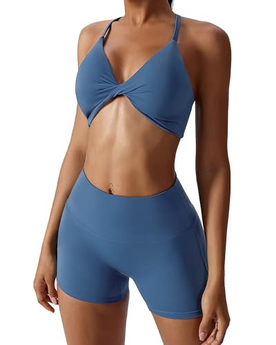 ABOCIW Workout Sets for Women 2 Piece Twist Front Cross Back Sports Bras Halter Yoga Bra Tummy Control High Waist Booty Biker Shorts Exercise Gym Sets Navy Blue Medium | Amazon (US)