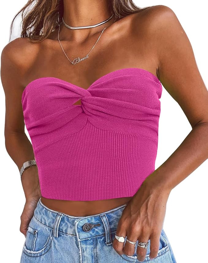 EFAN Womens Tube Tops Summer Twist Knot Front Knit Bandeau Strapless Ribbed Sleeveless Y2K Crop T... | Amazon (US)