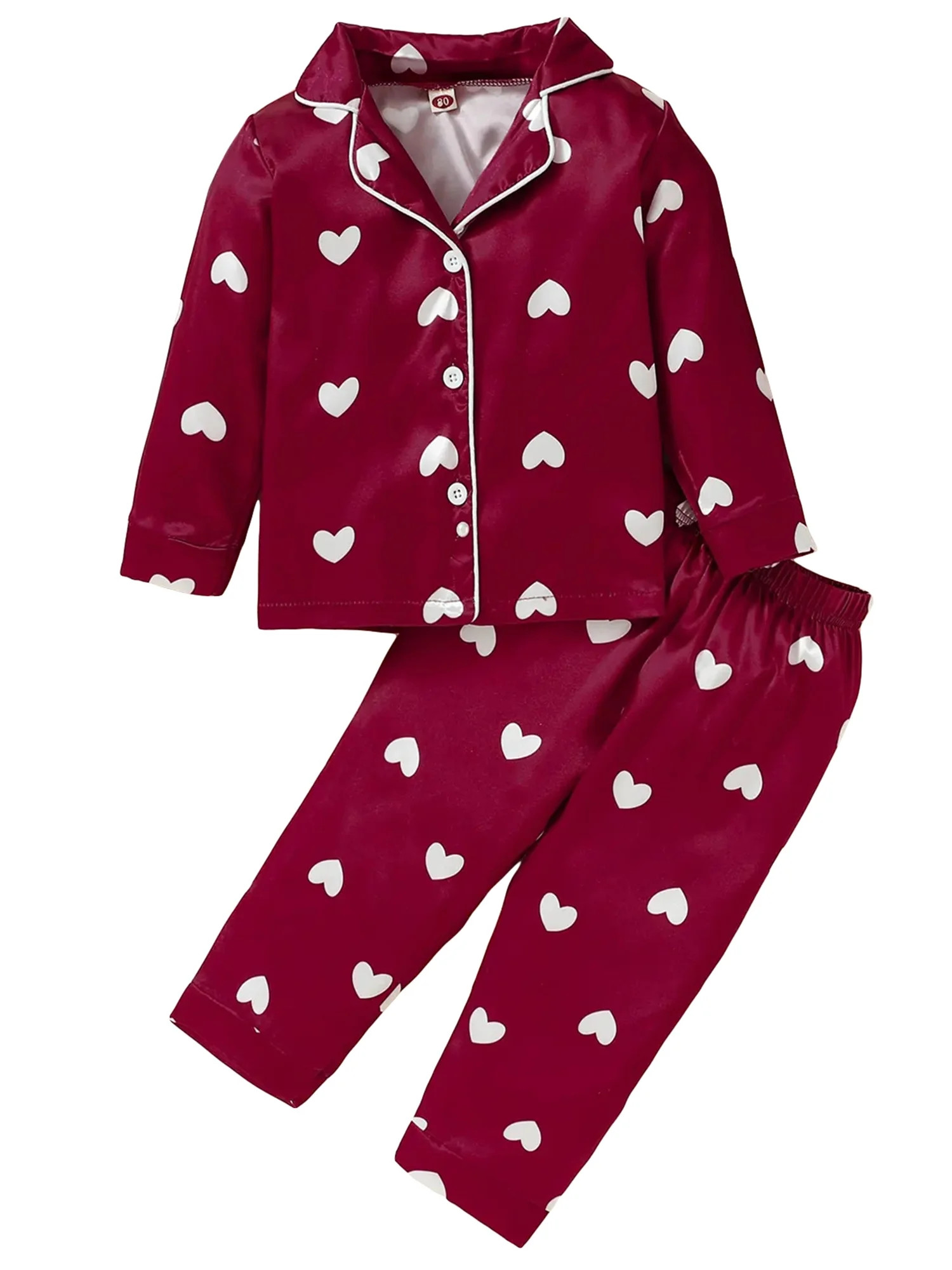 Valentine's Day Toddler Baby Girls Satin Pajamas Set Heart Print Lapel Collar Shirts and Elastic ... | Walmart (US)