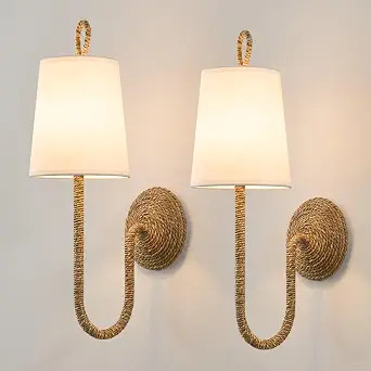 Boho Coastal Rattan Wall Sconce - Set of 2 Bohemian Beachy Nautical Sconces - Natural Wicker Wove... | Amazon (US)