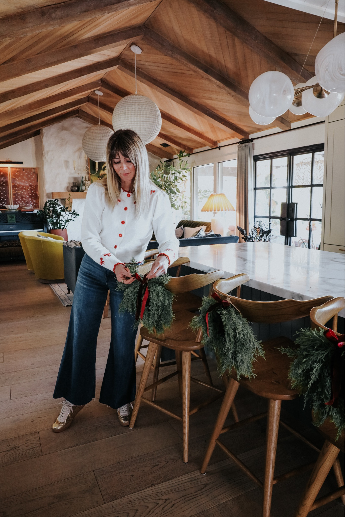 Sweater in medium (sized up)
Pants true to size 
Shoes true to size 