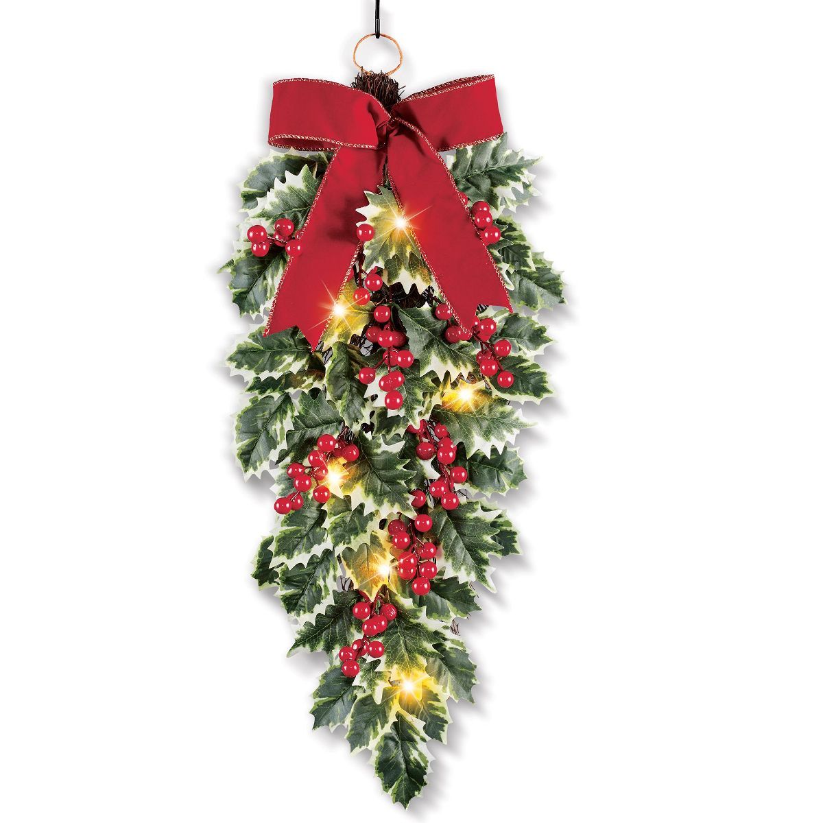 Collections Etc LED Lighted Holly Festive Hanging Swag with Bow | Target