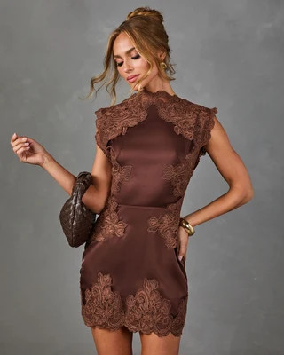 Tender Hours Satin Lace Mock Neck Mini Dress Brown / L | VICI