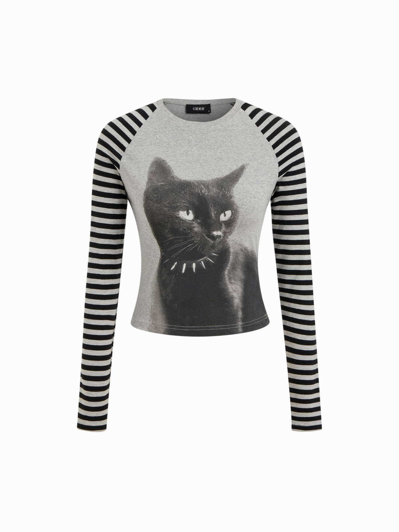 Knit Fabric Cotton-blend Cat Graphic Striped Round Neckline Long Sleeve Tee For Daily Casual | Cider