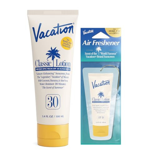 Vacation Classic Sunscreen Lotion SPF 30 & Air Freshener Bundle, Water-Resistant, Lightweight, Transparent on All Skin Tones, Dermatologist-Tested, Vegan, Travel Size, 3.4 Fl. Oz. | Amazon (US)