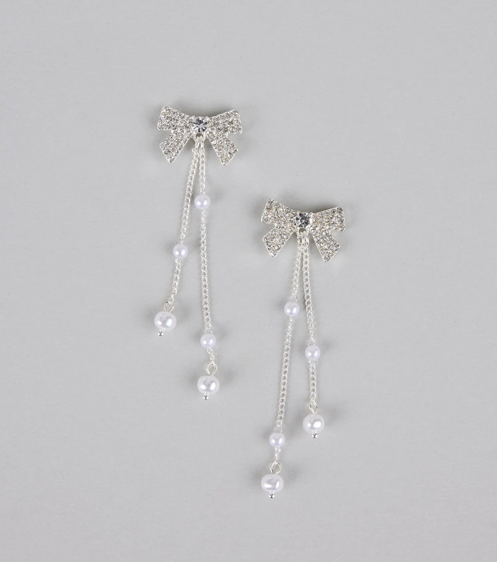 Darling Drama Rhinestone Bow Pearl Drop Earrings | Windsor Stores