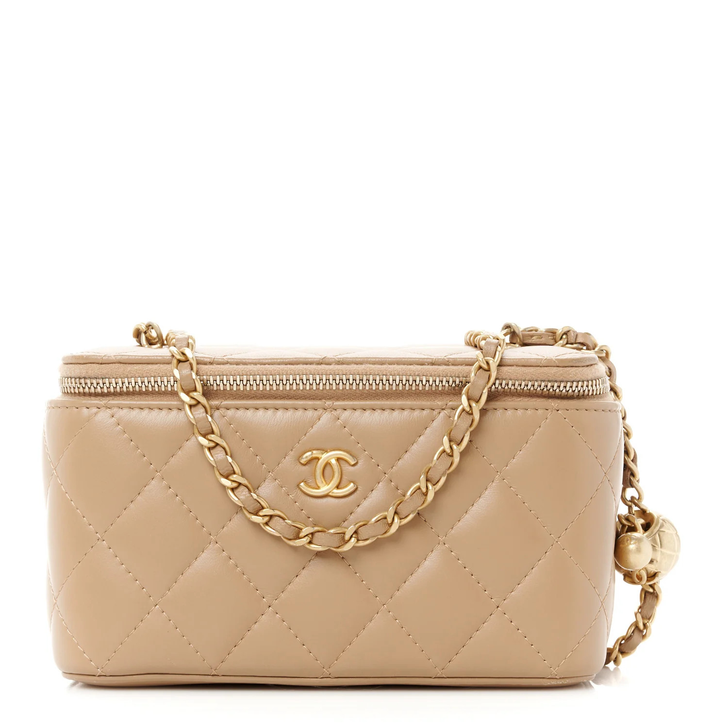 Lambskin Quilted Pearl Crush Small Vanity Case With Chain Beige | FASHIONPHILE (US)