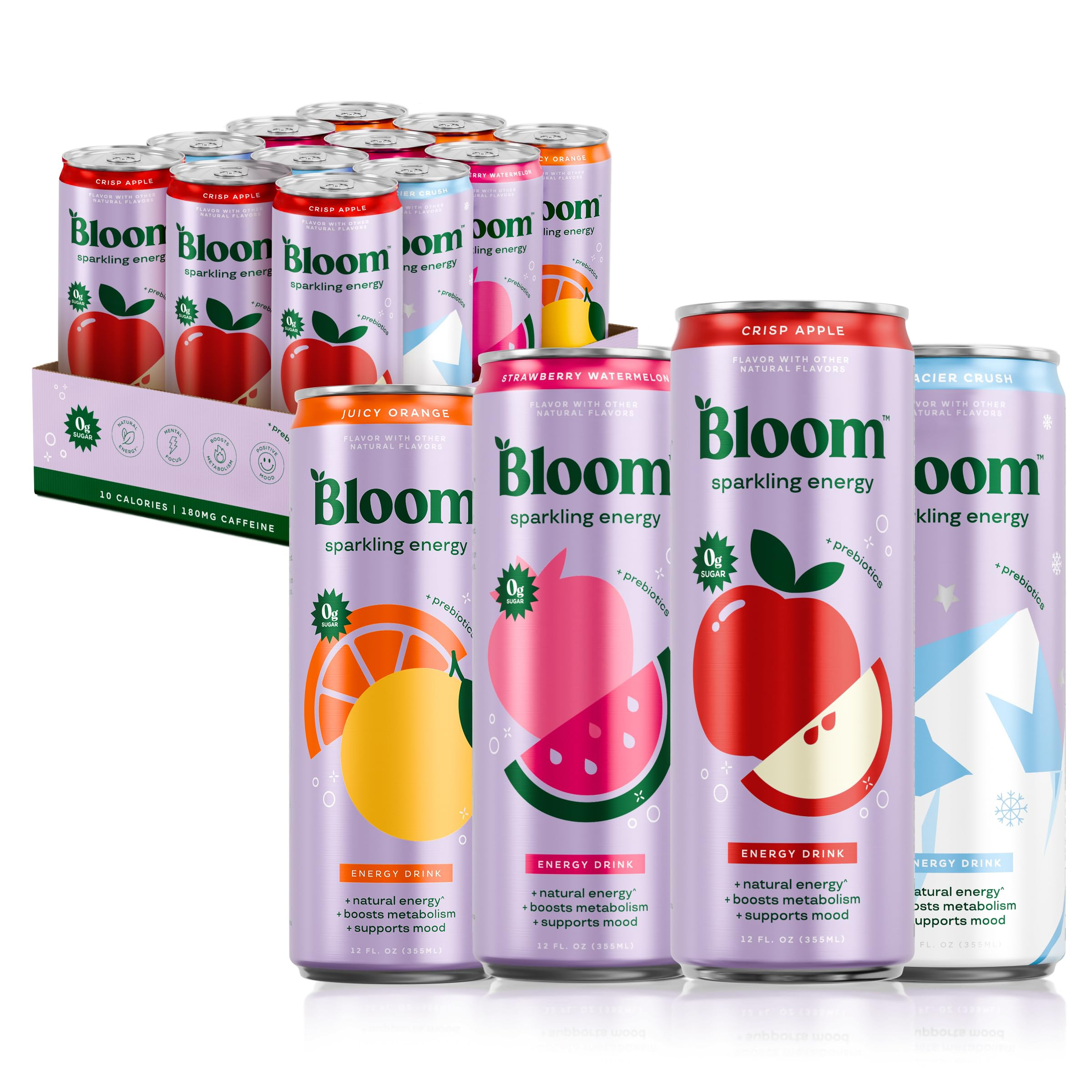 Bloom Nutrition Sparkling Energy Drink - Apple Crisp / Glacier Crush Variety Pack - Natural Caffe... | Amazon (US)