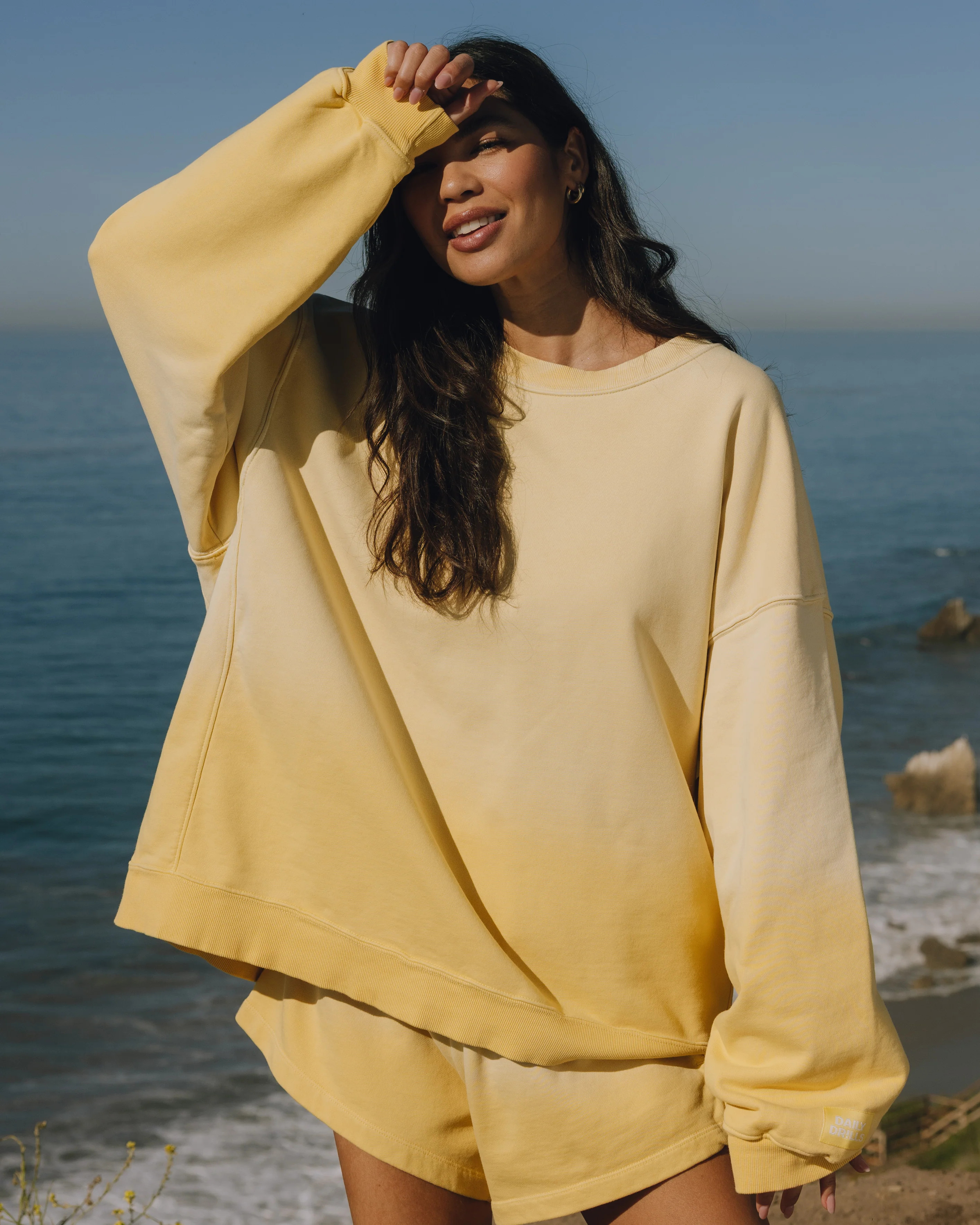 Unisex Oversized Crew - Sunsoaked Sunny with Monochrome Patch | Daily Drills LLC