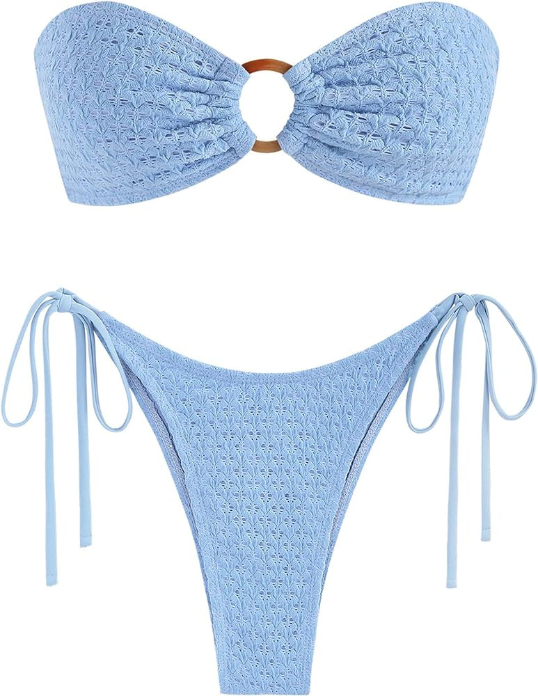 ZAFUL Women's Bandeau Bikini Strapless O Ring Lace Tie Back High Cut Two Piece Swimsuit Bathing S... | Amazon (US)