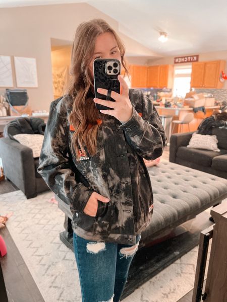 Wearing a size medium 

Cincinnati Bengals Tie Dye Denim Jacket, embroidered patches, bengals logo, pockets, corduroy collar and pocket flaps, button up, inside pockets, oversized, great for layering!

#LTKGiftGuide #LTKstyletip #LTKSeasonal