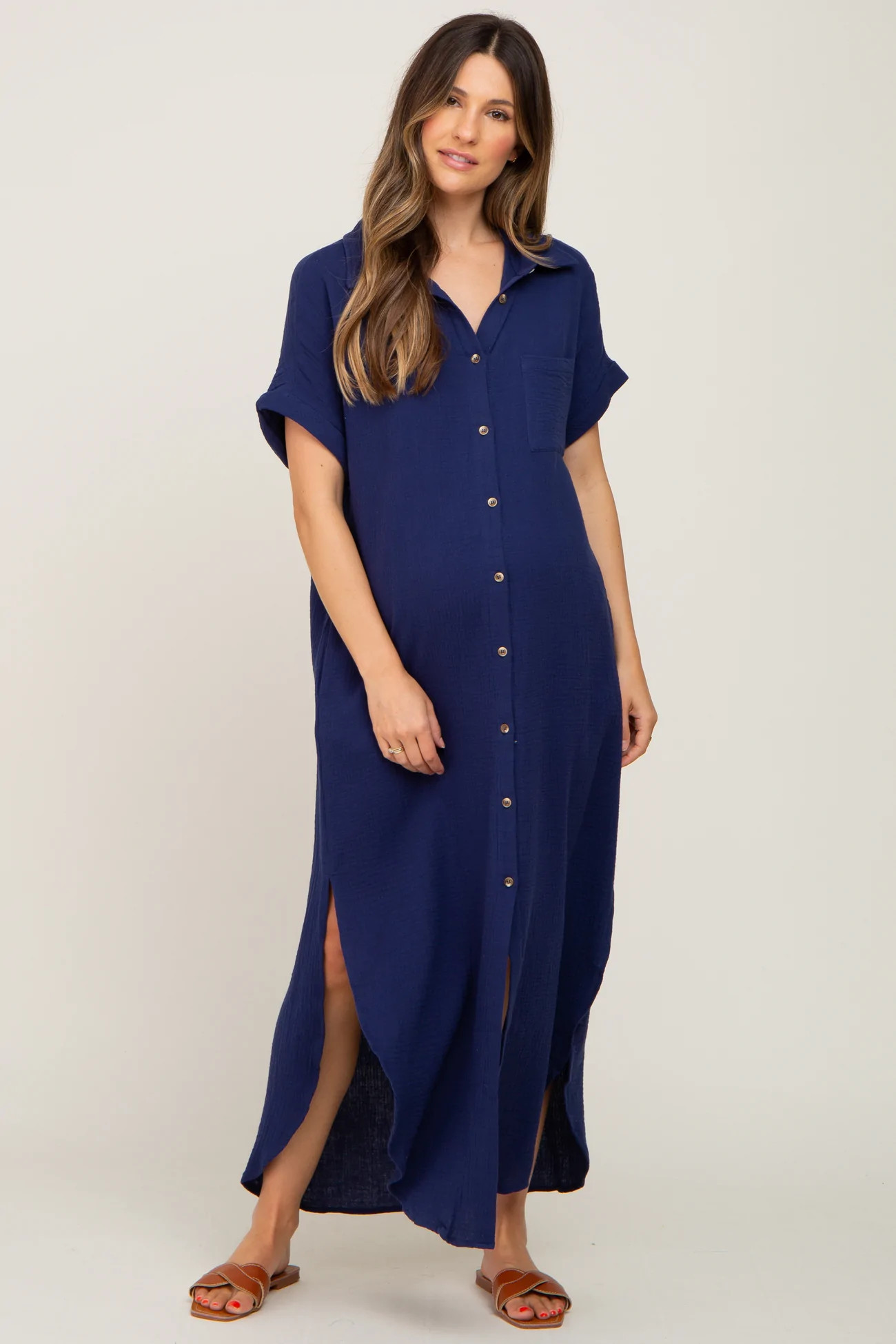 Navy Button Down Maternity Midi Dress | PinkBlush Maternity