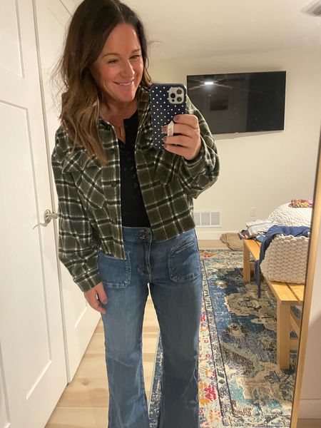 Cutest plaid cropped shacket with black bodysuit & the BEST jeans ever! Love the wide cuff and flare. And they come in short length 👏🏼👏🏼👏🏼

#LTKunder50 #LTKstyletip #LTKsalealert