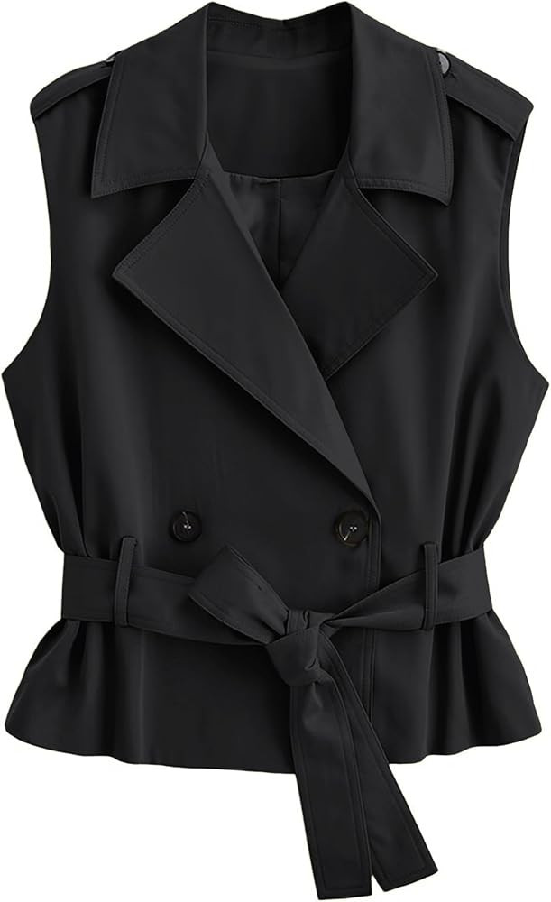 Dqbeng Womens Trench Vest Sleeveless Double Breasted Belted Lightweight Jacket | Amazon (US)