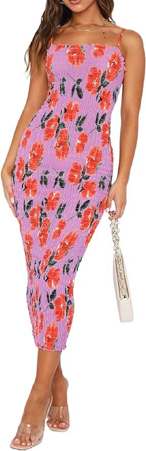 NUFIWI Women Floral Printed Spaghetti Strap Maxi Dress Y2K Low Cut Backless Long Dress Summer Str... | Amazon (US)
