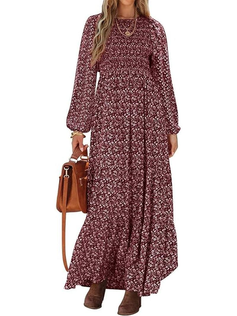 PRETTYGARDEN Women's Fall Dresses Long Sleeve Flowy Casual Floral Maxi Dress Crew Neck Smocked Ti... | Walmart (US)