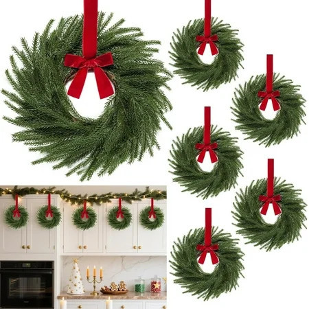 Bootesun 6 Pack 11" Mini Christmas Wreath, Small Christmas Kitchen Cabinet Wreaths with Red Bow, Artificial Norfolk Pine Wreath Christmas Wreaths for Windows Door Outdoor Indoor Stairs Home Decors | Walmart (US)