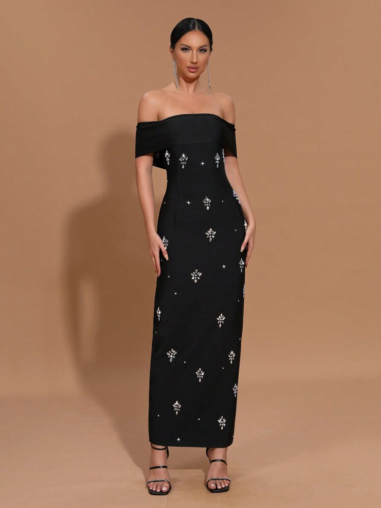 Modphy New Off Shoulder Rhinestone Shoulder Cutout Bandage Long Dress, Women Formal Party Gown, Wedding Bridesmaid Dress Wedding Guest Dress Evening Dress Spring Elegant Black | SHEIN