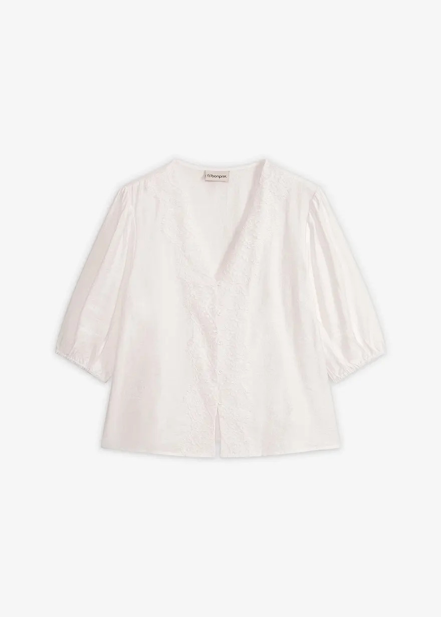 Kurzarmbluse mit Spitzen-Details und V-Ausschnitt - wei\u00df - Damen | Bonprix DE