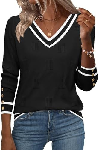 Zeagoo Womens V Neck Sweaters Shirts Long Sleeve Lightweight Ribbed Knit Pullover Sweater Blouse ... | Amazon (US)