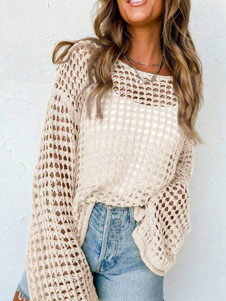 Calvaya Novo Suéter Oversize Solto Retrô Com Corte Vazado | SHEIN